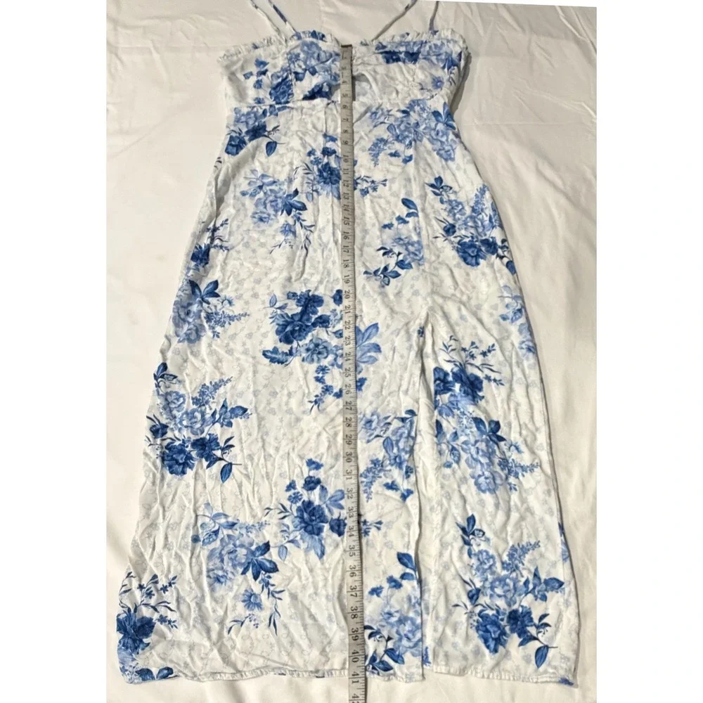 Zara Blue White‎ Floral Midi Dress Cutout Front Slit XL Toile Print Smocked Back - Picture 6 of 6